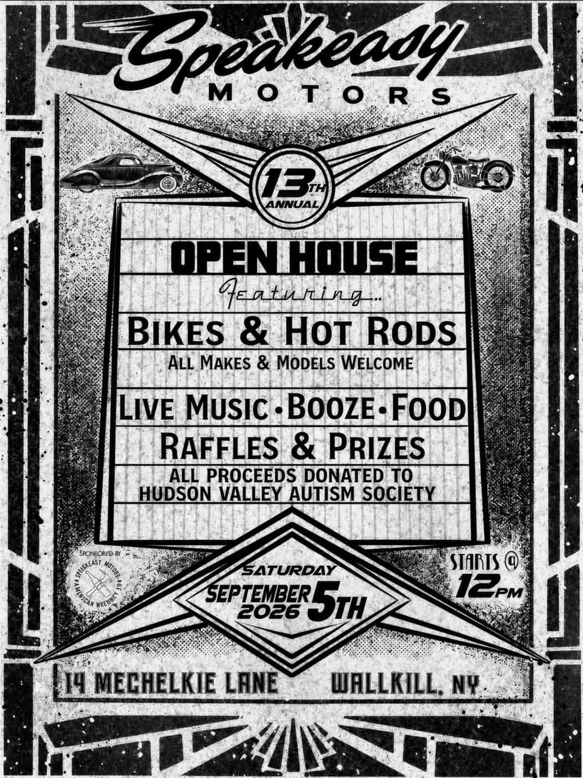 13th Annual Speakeasy Motors Open House flyer 9/05/2026